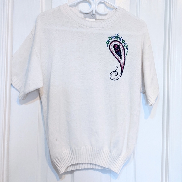 Vtg White Soft Knit Cute Short Sleeve Spring Sweater Top. Paisley Design, S. HP! - Picture 3 of 14